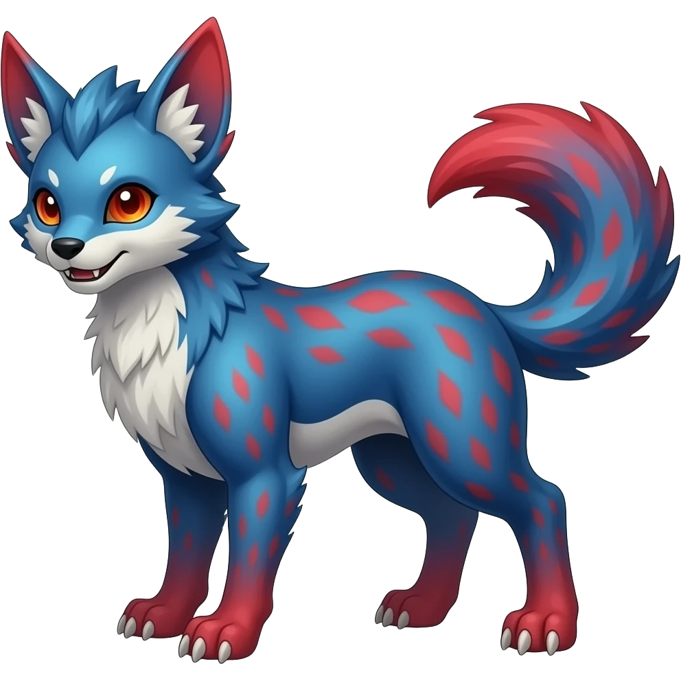 Feral Rare Fantasy vibrant cyan-cobalt-blue-crimson-red-gradients-colored colorful Vernid-Sergal-Genet-Trico-species by LiLaiRa, random markings, tufted tail, tufted ears, full body emoji