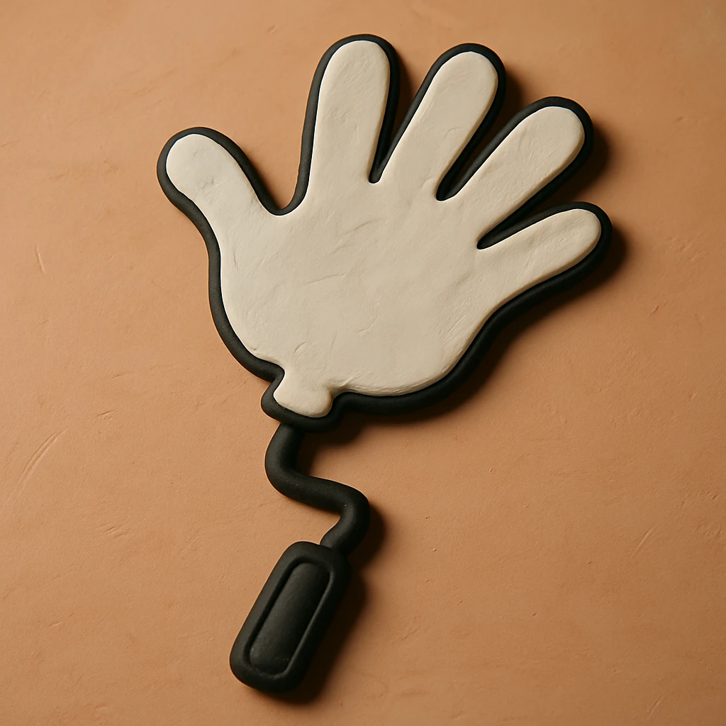 Remove the face from the cartoon style plastic slap hand. Keep the white hand, black handle stick, and black border. Maintain the cartoon plastic slap hand style with a clean look without the face. emoji