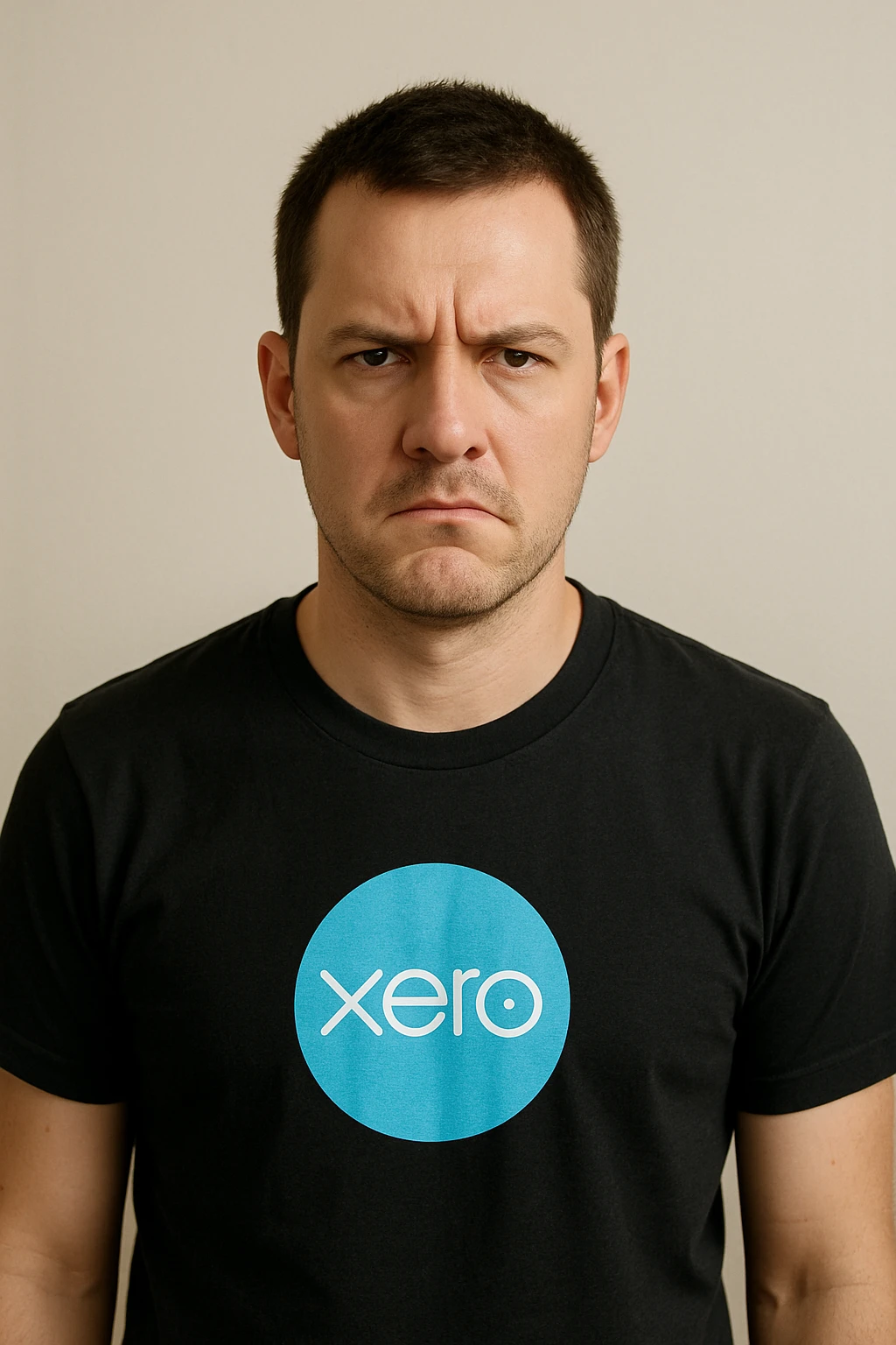 man, short brown hair, Xero logo t-shirt, not amused, minimal background emoji
