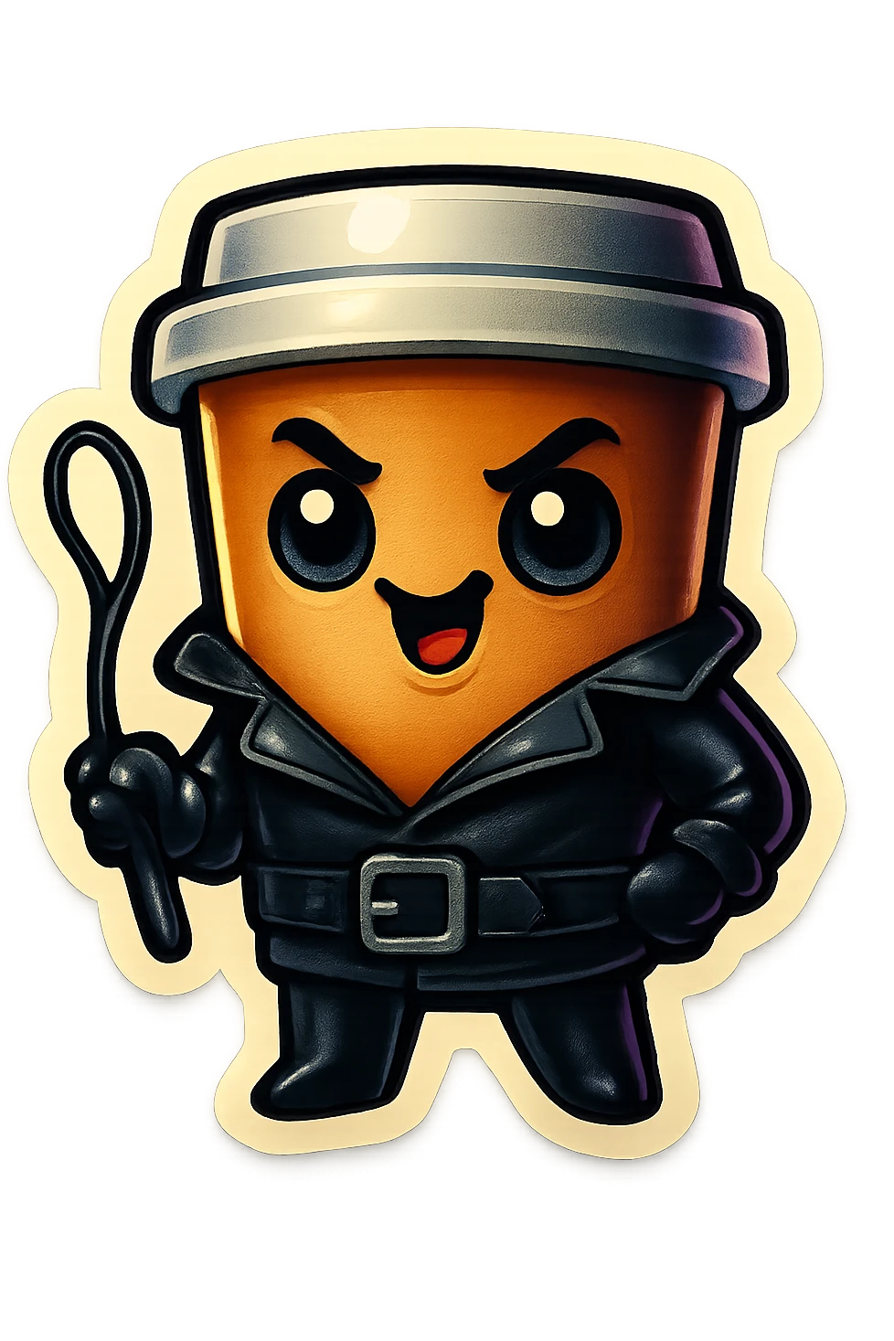 Tall coffee cup, dressed in leather holding a whipping crop, mischevious, emoji