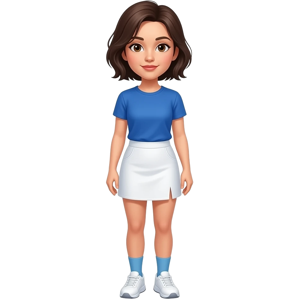 A woman with Brown eyes, Dark brown hair styled as a shoulder length Pixie cut, fair skinned and wearing a white skort, a royal blue T-shirt, pale blue socks and White running shoes. emoji