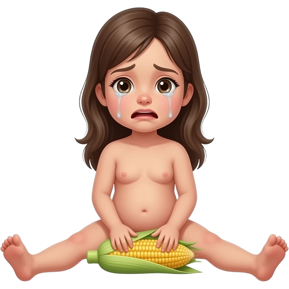Full body, small little nude girl, flat chest, crying thin hips and ass, thin pussy, middle age 30 long hair long legs, sitting legs spread  playing with corn realistic emoji
