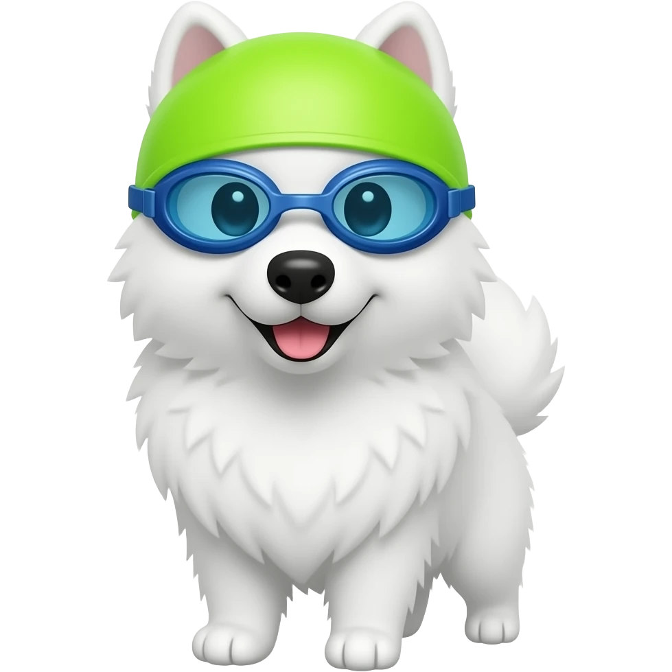 Make a samoyed that has swimming goggles and a swimming cap on , make the ears be inside the cap emoji