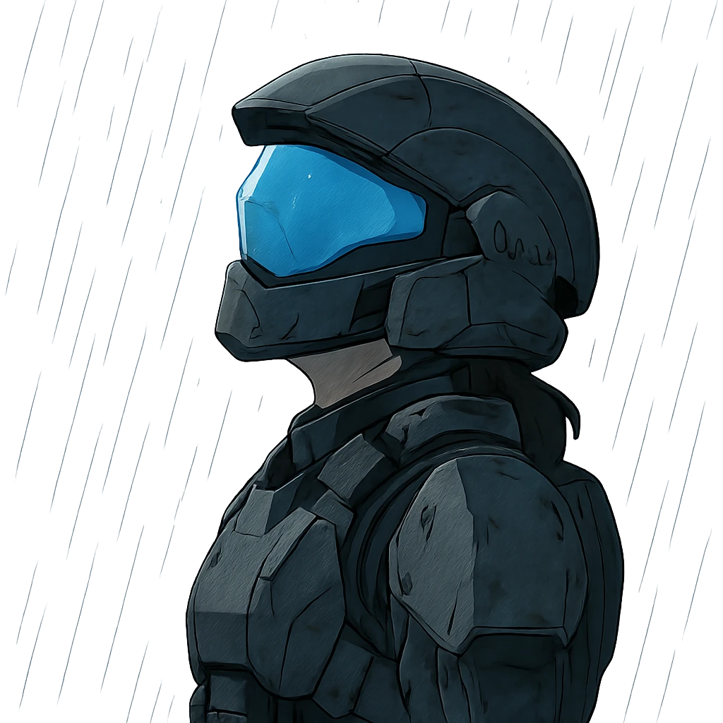 A female odst, blue full face visor, right shoulder profile, helmet on, looking up to the sky, the sky is pouring rain, midnight shadows emoji