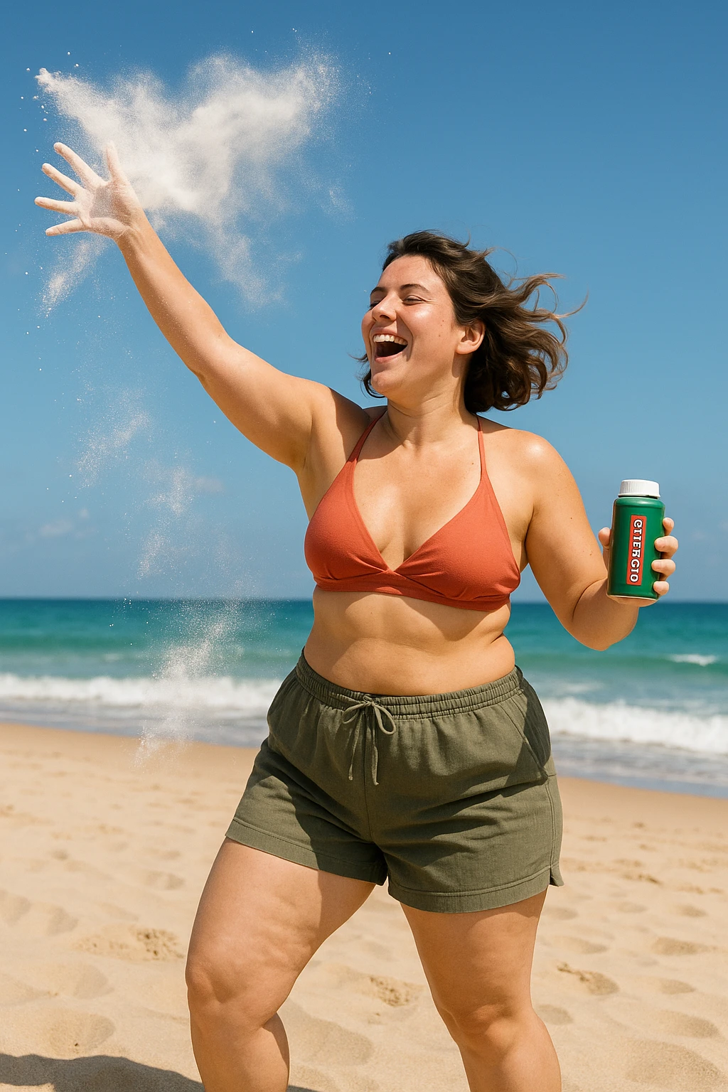 Donna in spiaggia che butta il borotalco italiano, la donna è intorno ai 66kg emoji