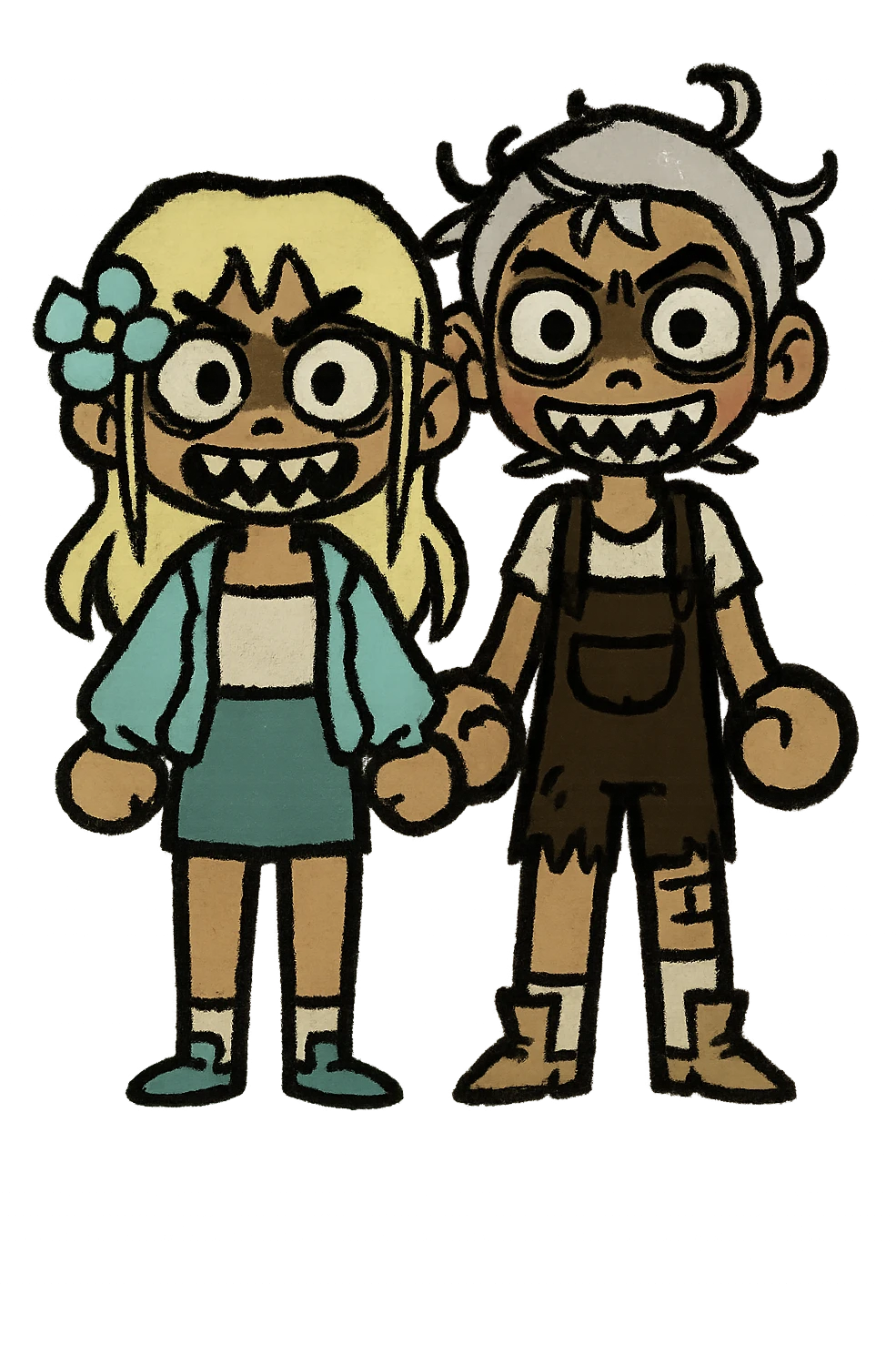 Create a couple image of these two cartoon characters standing side by side, both with scary expressions, matching their style, transparent background. emoji