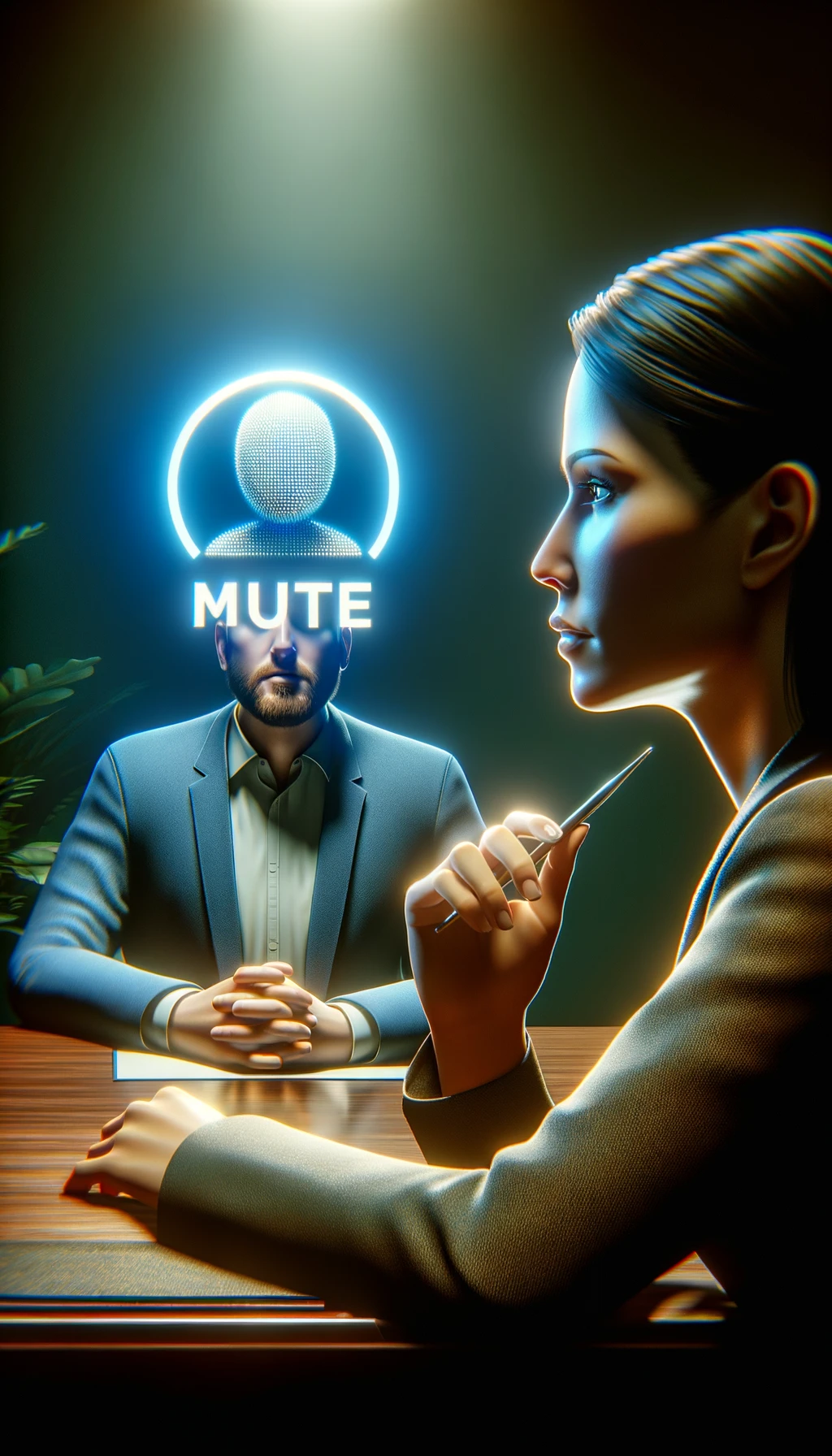 una persona parla ma sopra di lui c'è il simbolo "muto", un altra persona lo ascolta, immagine iperrealistica 4k emoji