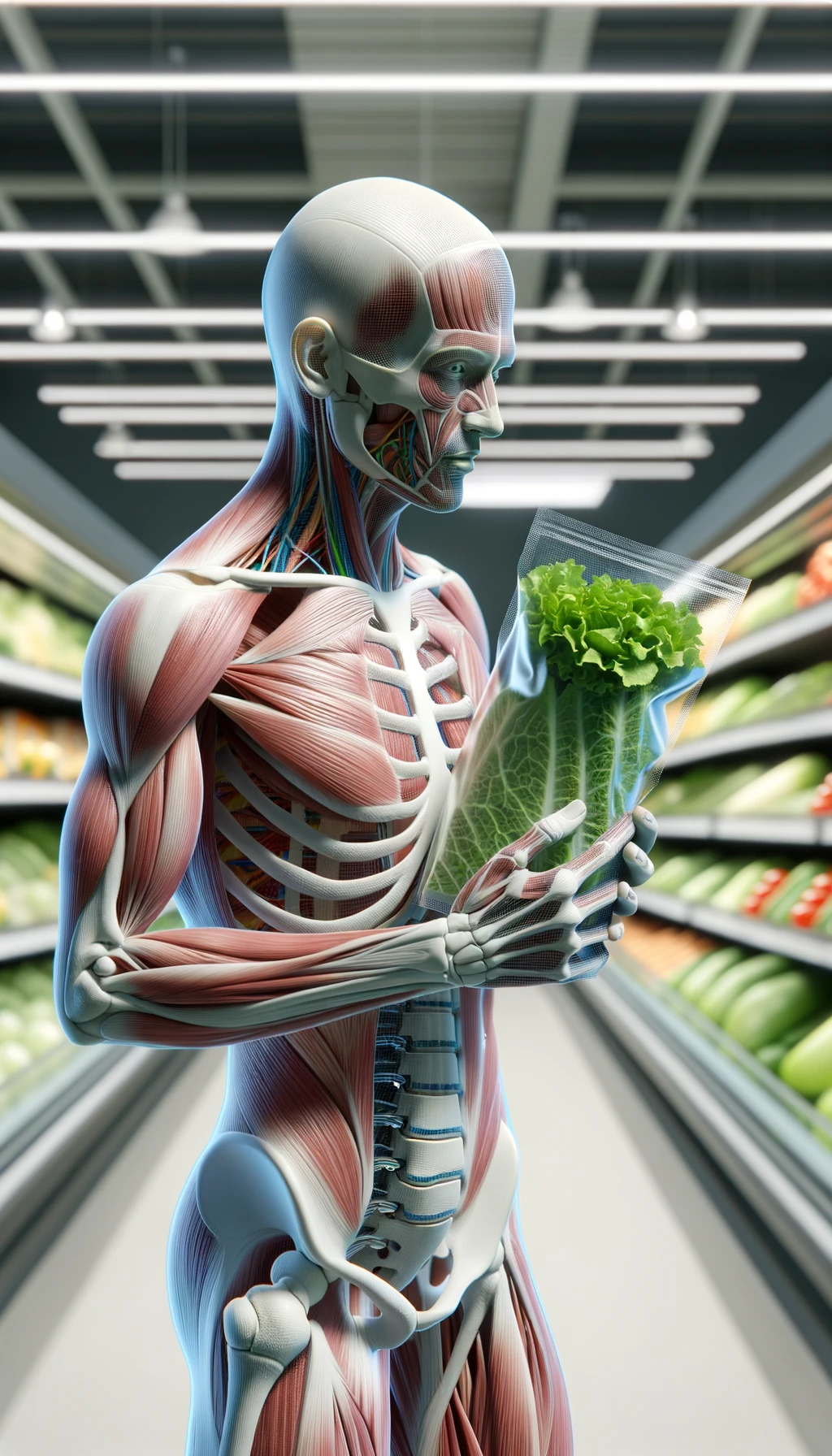 corpo umano anatomico con capelli corti in un supermercato che tiene in mano una busta di insalata di plastica preconfezionata, supermercato sfocato sullo sfondo emoji