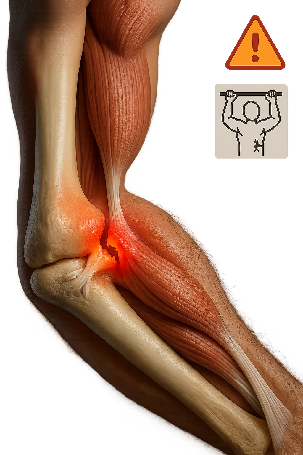 3D, vertical anatomical visualization: close-up of a man’s elbow during a pull-up, with the internal anatomy visible. A clear rupture or lesion is shown in the tendon or ligament, colored in red and orange. Swelling and inflammation are depicted around the joint. A warning icon and a small infographic explain the mechanism of injury. emoji