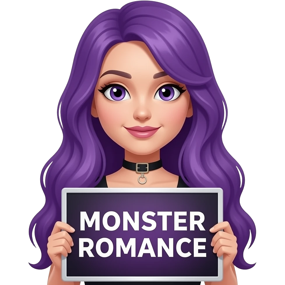 sexy girl with long purple hair holding a MONSTER ROMANCE sign emoji