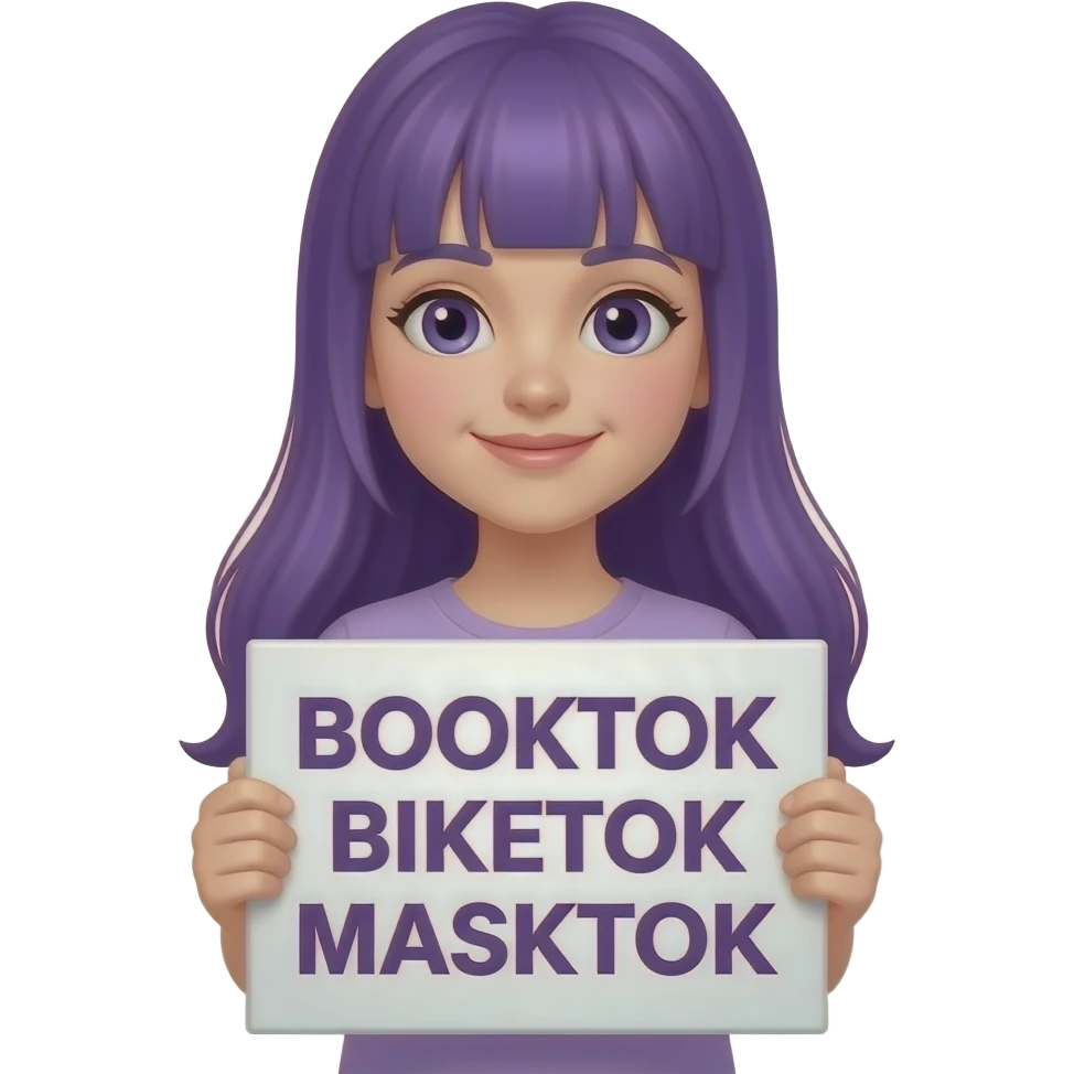 girl with long purple hair holding a BOOKTOK BIKETOK MASKTOK sign emoji