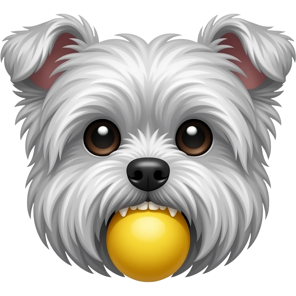 Droopy long ear silver yorkie face with yellow ball in mouth teeth showing emoji
