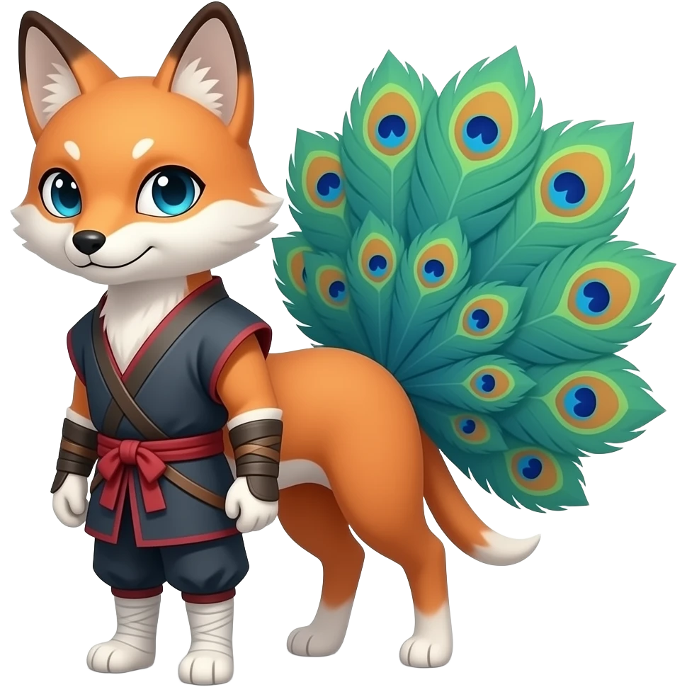 An emoji of Sudoji, a stylized animal blending a Japanese kitsune and an Indian peacock, symbolizing intelligent IT support and root access, with sleek fox-like features and elegant peacock-inspired tail feathers, wearing a minimal ninja-style outfit emoji