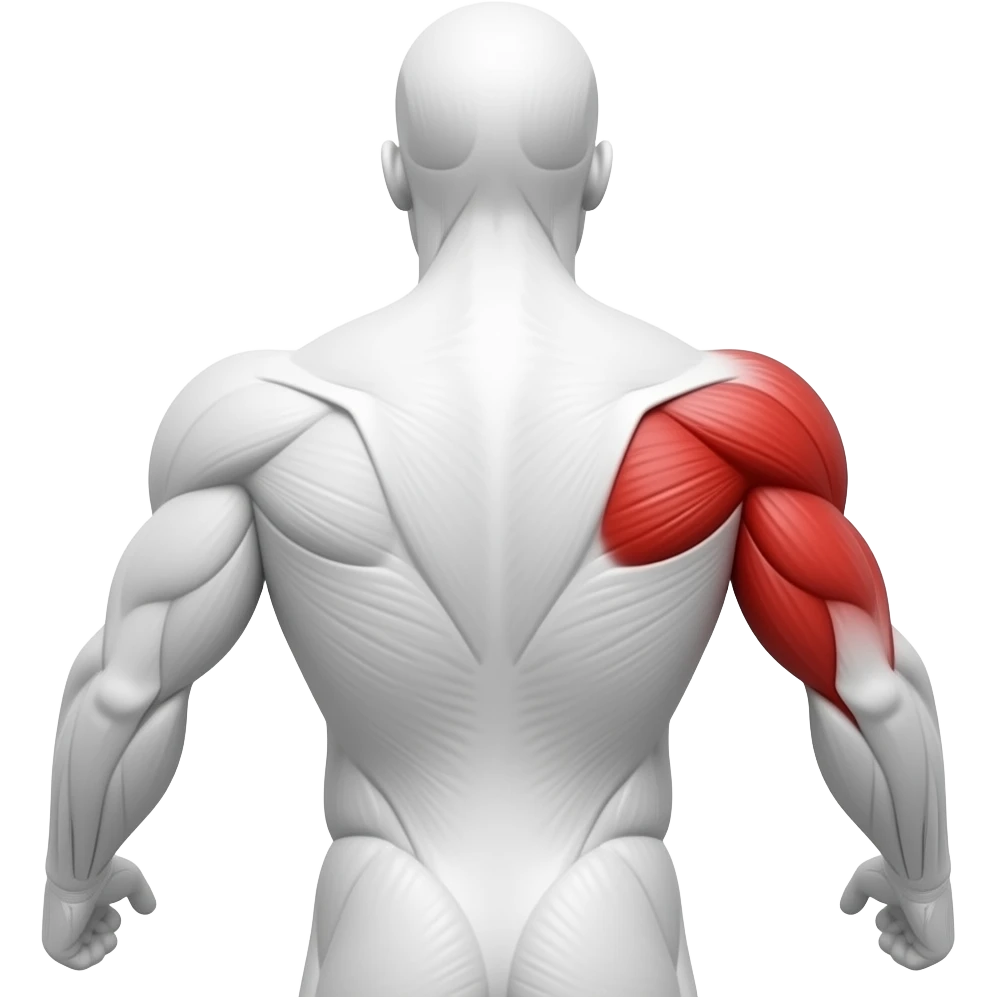 Male upper arm back view, triceps brachii in bright red, all other muscles in white. 3D cartoon icon, white background, no text. emoji