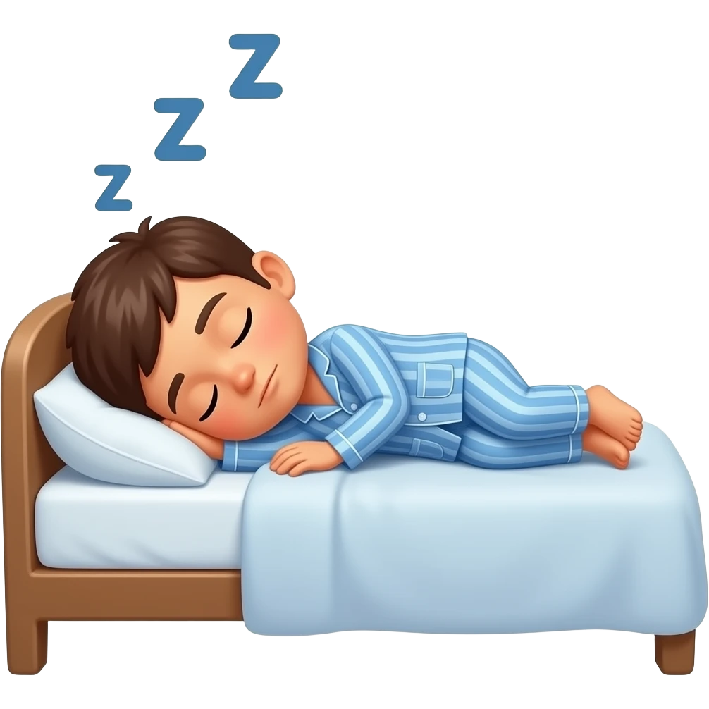 a tanned boy sleeping in pyjamas in bed sideways with zzz over her head emoji