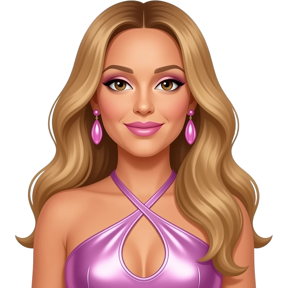 Mariah Carey with brown eyes, long golden brown hair, white eyeshadow, pink lipstick, lavender pink metallic halter dress, pink earrings emoji