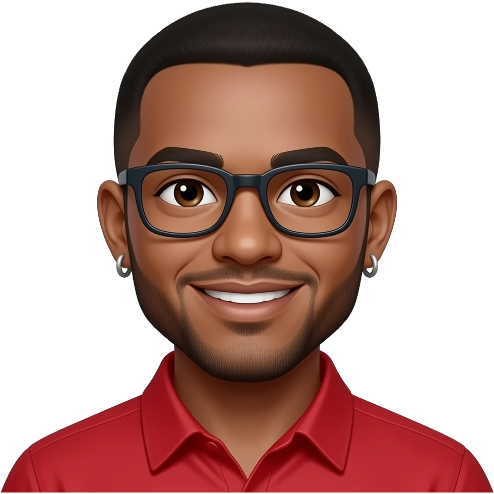 caramel skin man in his 20s with buzzcut. dark brown eyes. beard. glasses. smiling. wearing a red shirt. earrings. emoji