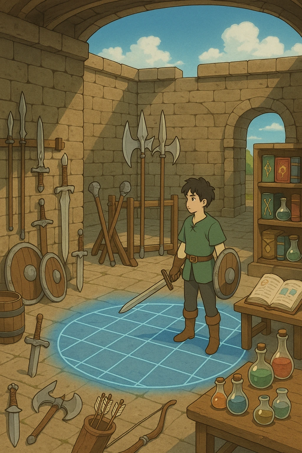 A virtual simulated training environment for combat drills, configured with swords, daggers, axes, maces, halberds, bow and arrows, and shields, as well as spell books and potions  emoji