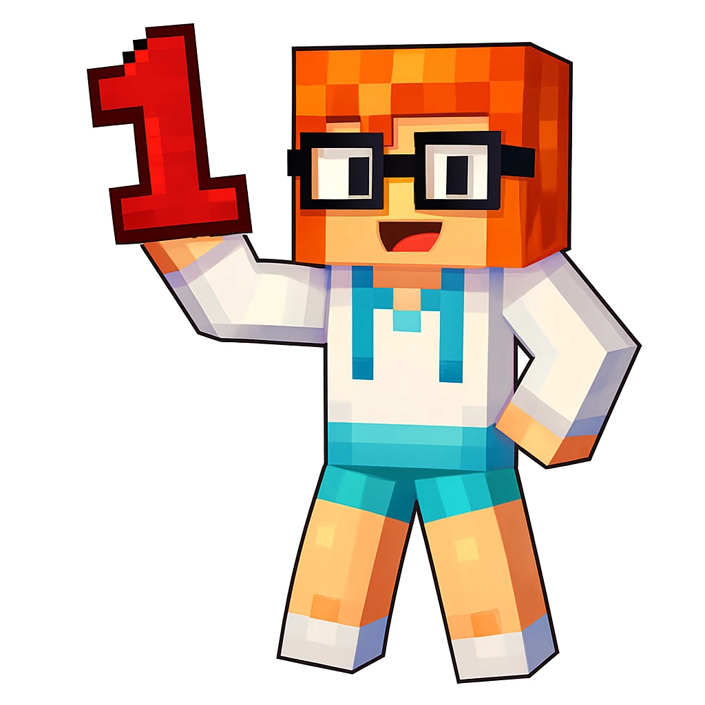 Add the number 1 held in the character's hand, keeping the original Minecraft cartoon style and pose exactly the same, only add the number 1 without changing anything else. emoji