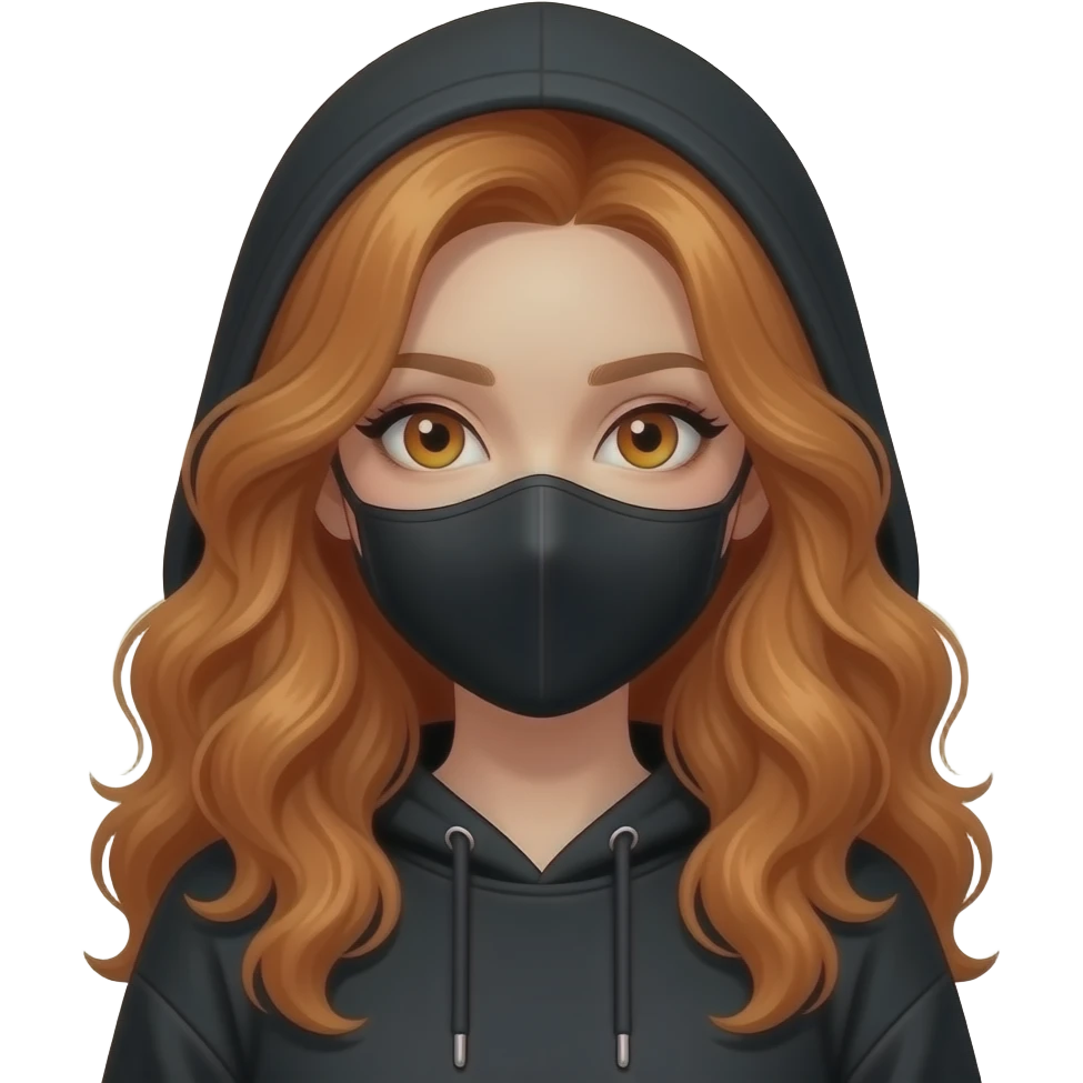sexy girl with long curly ginger hair and ginger eyes wearing a black hoodie with the hood atop her head and a black mask emoji