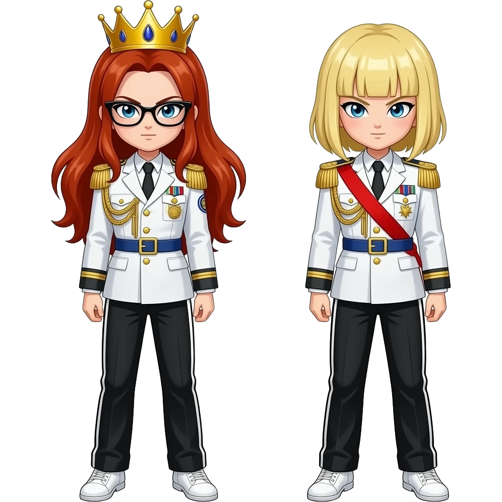 brown bushy auburn haired female android 21 and blonde shoulder length haired android 18 from dragon ball super are wear gold tiara black glass white military tunic arm badge shoulder cord medal red sash blue belt black trouser with two side stripes white shoes and become as evilness emoji