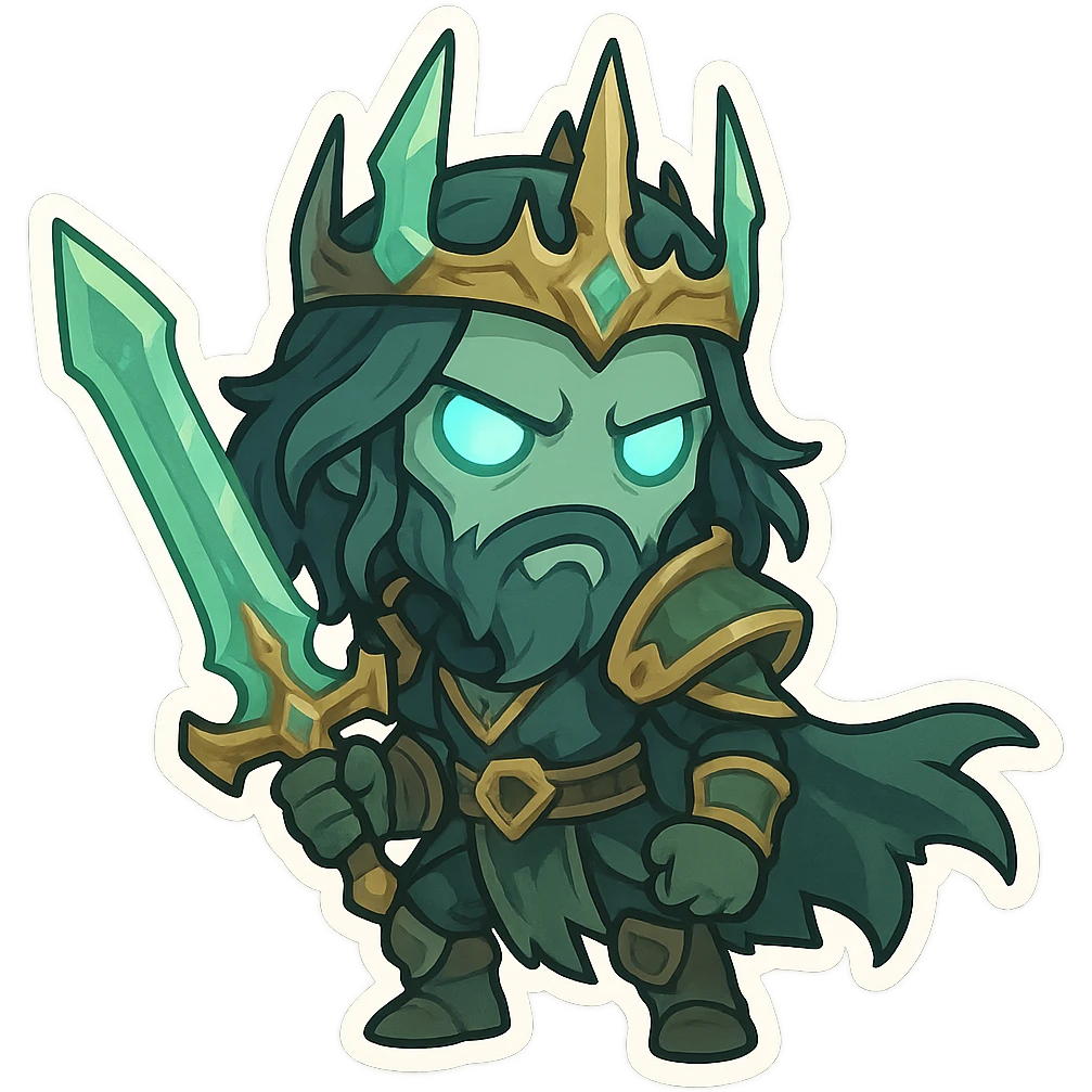 The Ruined King from League of Legends, chibi style, holding his sword, glowing eyes, no text, emoji or icon style emoji