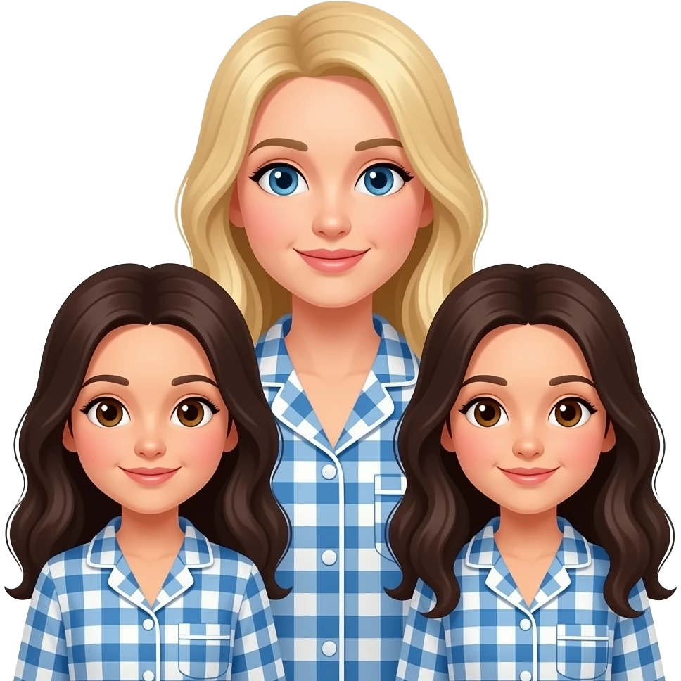 Woman with long blond hair blue eyes with 2 dark haired daughters with brown eyes all wearing gingham pjs emoji