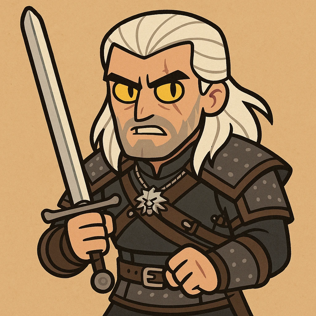 Geralt of Rivia, white hair, yellow cat eyes, holding a silver sword, stylized cartoon style emoji