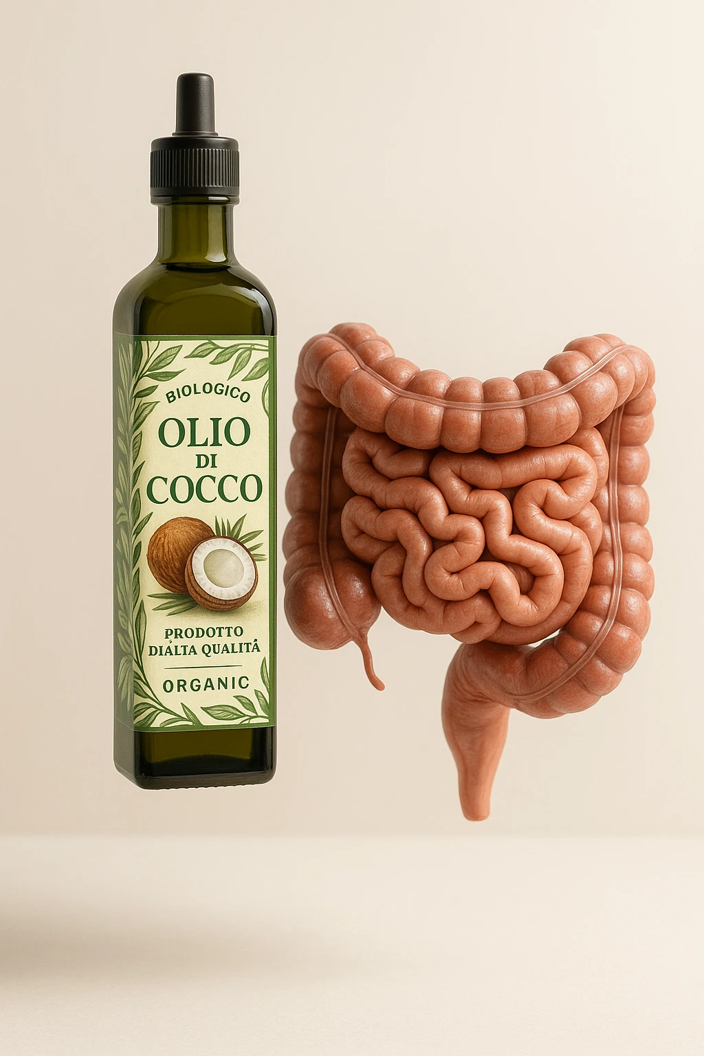 BOCCETTA DI OLIO DI COCCO BIOLOGICO (FAI UN ETICHETTA SUL PRODOTTO IN ITALIANO) CHE FLUTTUA IN ARIA INSIEME A UN INTESTINO UMANO ANATOMICO IN PERFETTA SALUTE, SFONDO CHIARO, iperrealistico 4k emoji