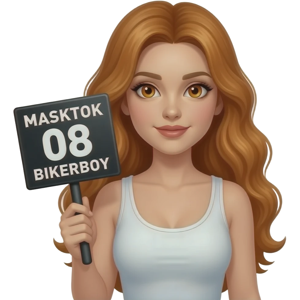 sexy girl with long wavy ginger hair and ginger eyes wearing a white tanktop is holding a black colored sign with MASKTOK 08 BIKERBOY written on it emoji
