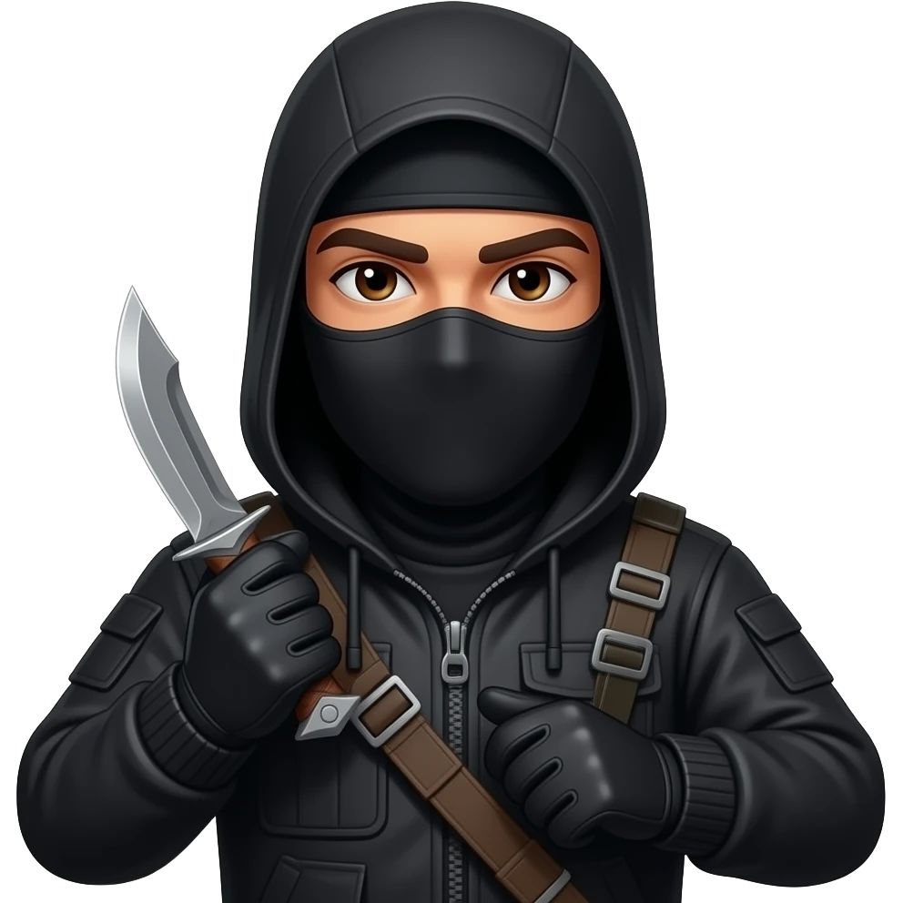 Spanish Man brown eyes wearing all black in balaclava hood and gloves with karambit emoji