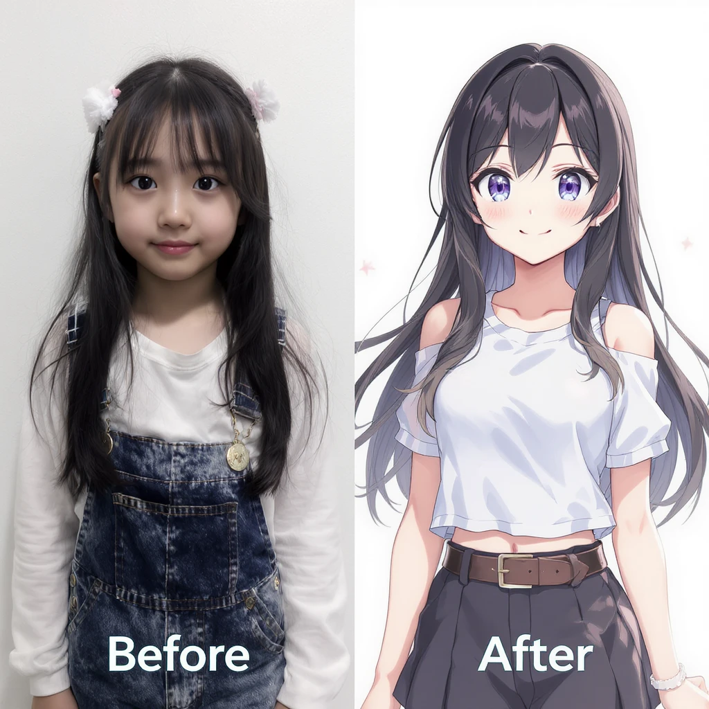 create before after image of a girl before is realsitic photo, after is anime version of her in same pose and clothes, add logo with text of a "FLUX Kontext Pro" emoji