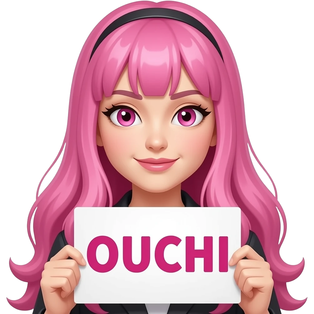 sexy girl with long pink hair and pink eyes holding OUCHI... sign emoji