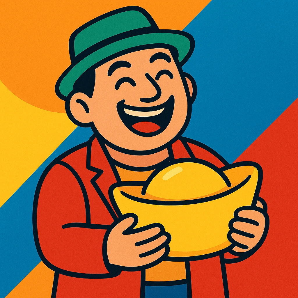 a lucky man holding a gold tablet, vibrant and cheerful emoji