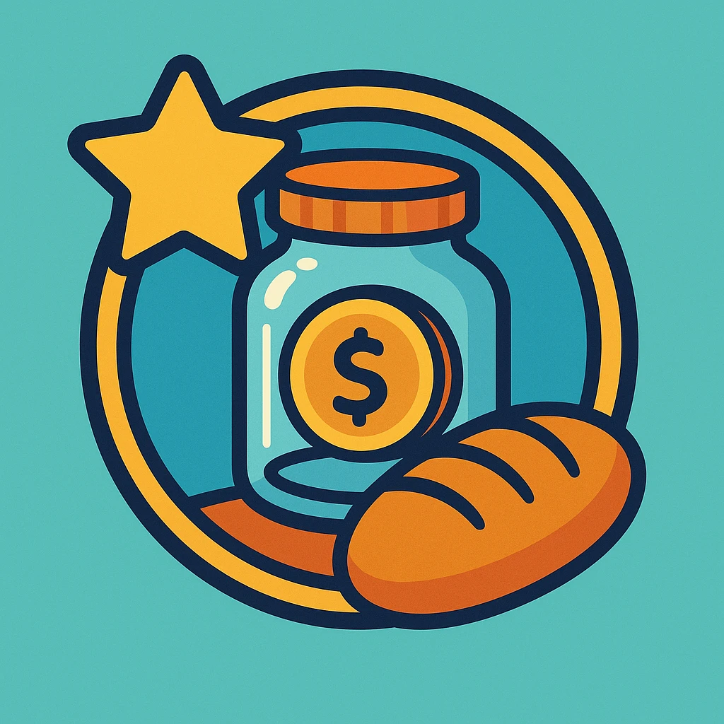 single emblem blending savings jar, star for wants, and loaf of bread for needs, friendly cartoonish style emoji