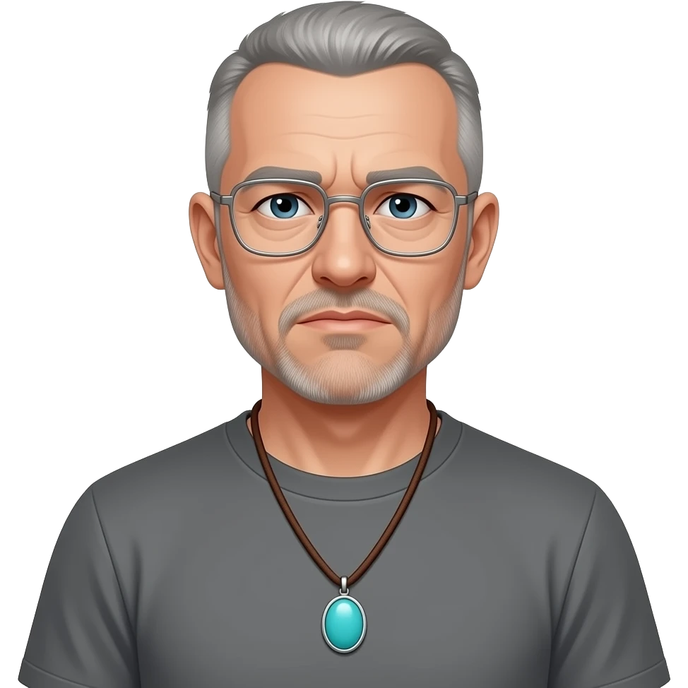 pointed chin indifferent pointed chin haved face pendant Turquoise on brown paracord t shirt shaved grey short hair full-length photo of extreme streetwear clean-shaven face cool boy thin metal-framed glasses ery entellectual man, 56 years old, street wear stubble, shaved short with clippers emoji