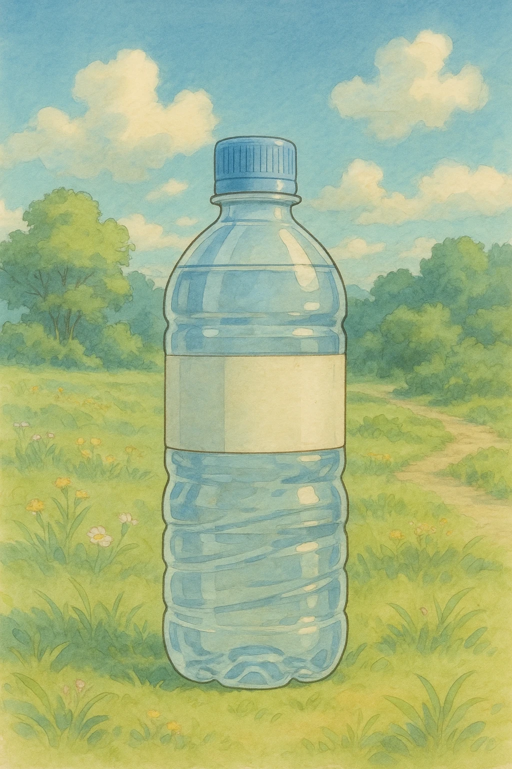 water bottle, detailed, soft colors, ghibli style emoji