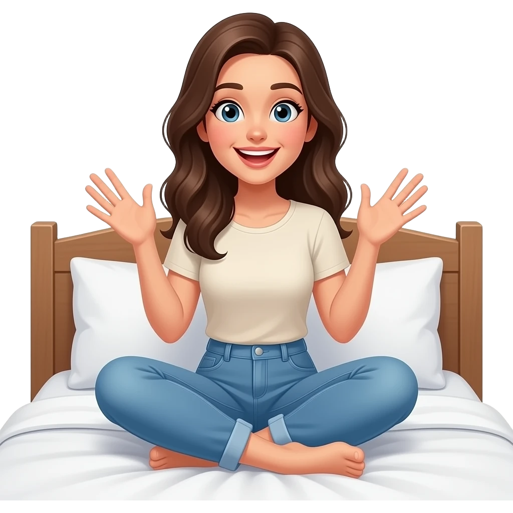 침대에 앉아서 특별한 생각이 유레카하며 떠오른 느낌의 캐주얼한 스타일의 예쁜 20대 여성 이모지 emoji