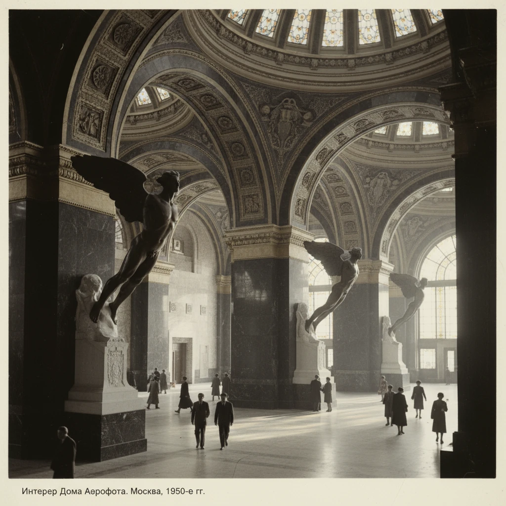 Дом Аэрофлота Чечулина изнутри. Огромные арки и скульптуры Икара, на фоне которых люди очень маленькие 

Стиль - архивные цветные фотодокументы emoji