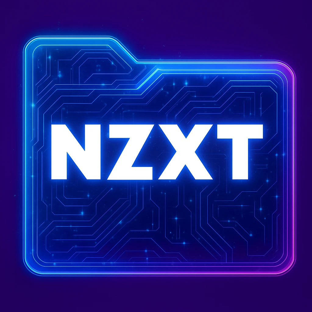 Transform the NZXT logo into a cyberpunk, holographic style with glowing neon blue and pink circuit patterns and edges. Keep the solid purple square background as the main background color. The NZXT text should be bold, crisp, and white for maximum legibility, not obscured by any patterns. The overall look should be futuristic, clean, and consistent with cyberpunk folder icons style, emphasizing a holographic and neon aesthetic with purple as the dominant background color. emoji