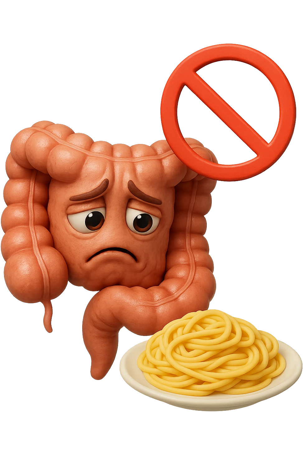 EMOJI STILE IPHONE DI un intestino umano anatomico triste mentre guarda un piatto di pasta con divieto 3d sopra: non la può mangiare, fagli anche la parte bianca degli occhi, non solo le pupille, REALISTICo 4K emoji