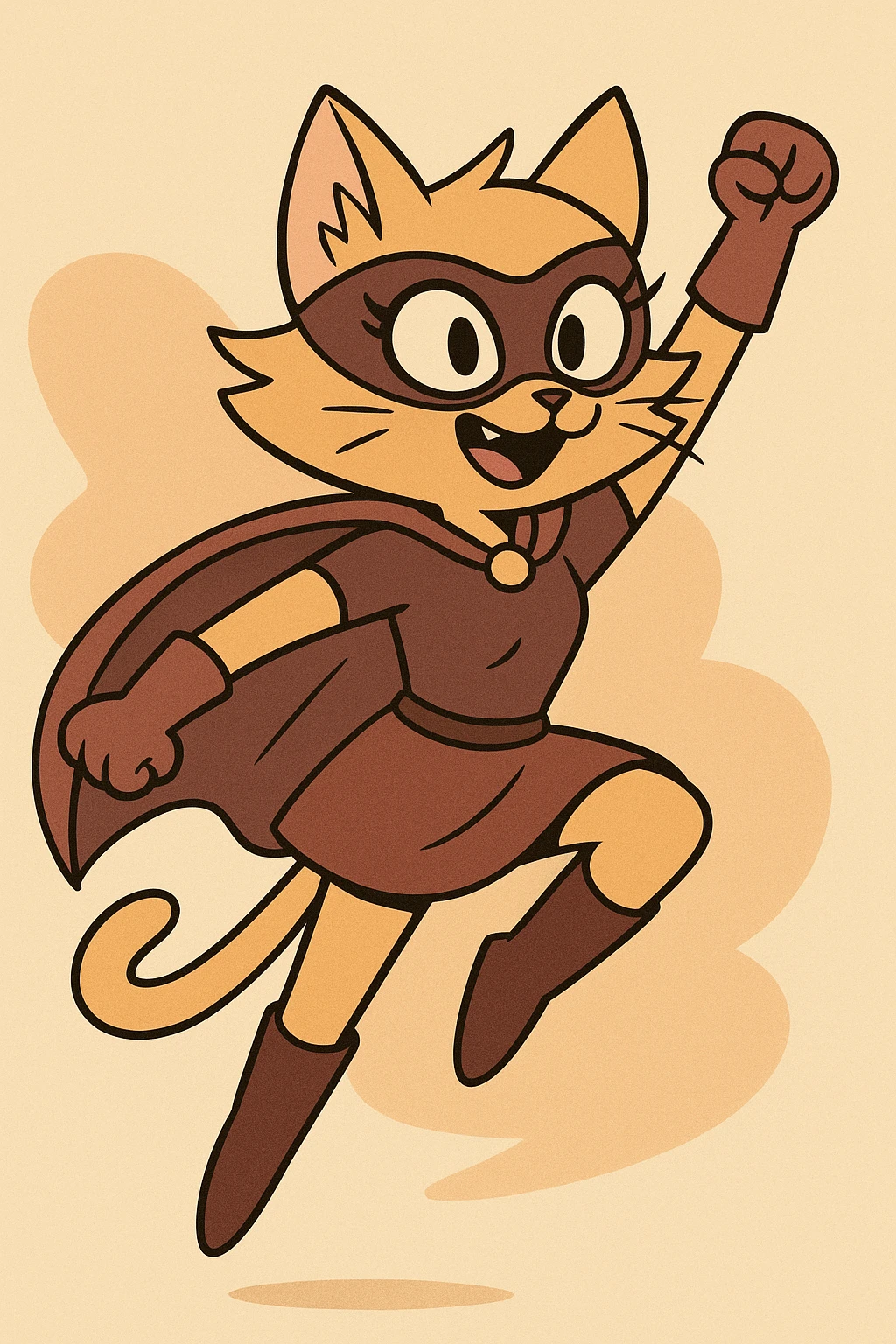 cat superhero girl, leaping in action, mask, cape, playful and brave, cartoon style emoji