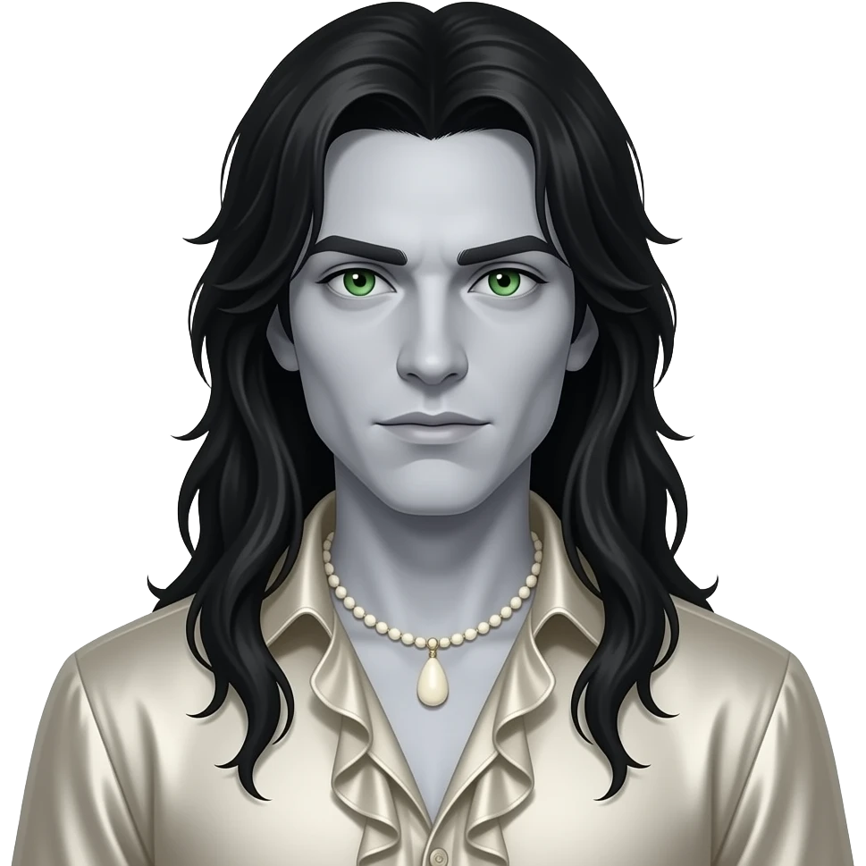 Louis from The Vampire Chronicles with pale-grey skin, green eyes, long black hair, cream metallic ruffle shirt, cream necklace emoji