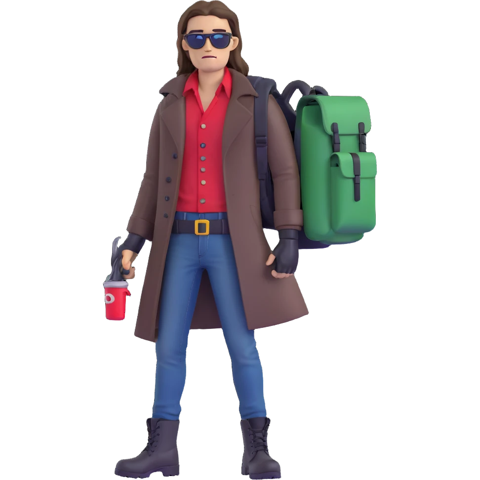 Man with long brown hair, brown goatie, sunglasses, wearing red button up shirt with a sling horizontally across the torso, wearing a black trenchcoat, blue jeans, long black military boots, red fingerless gloves, green backpack emoji