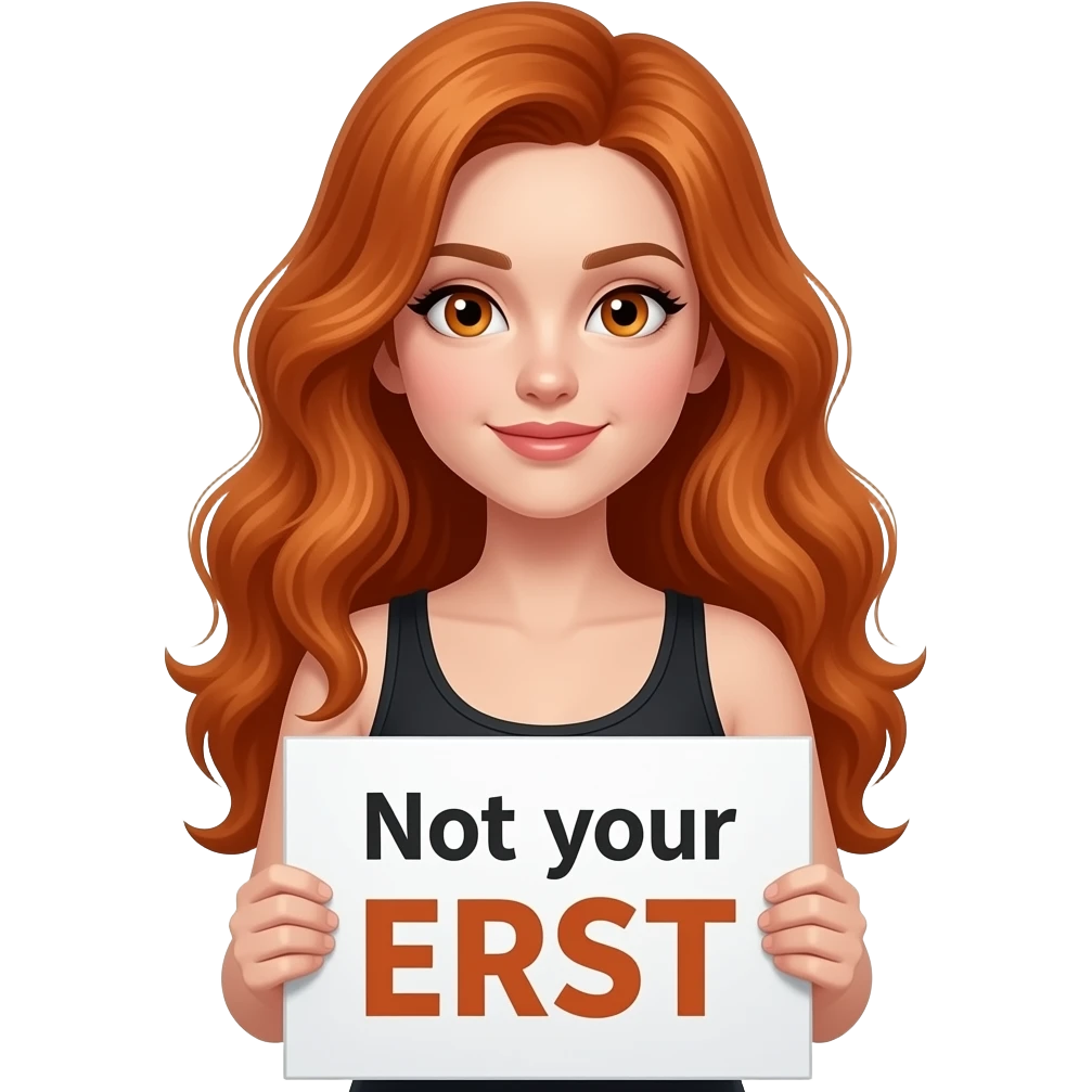 sexy girl with long wavy ginger hair and ginger eyes wearing a black tanktop is holding a white colored sign with Not your ERNST written on it emoji