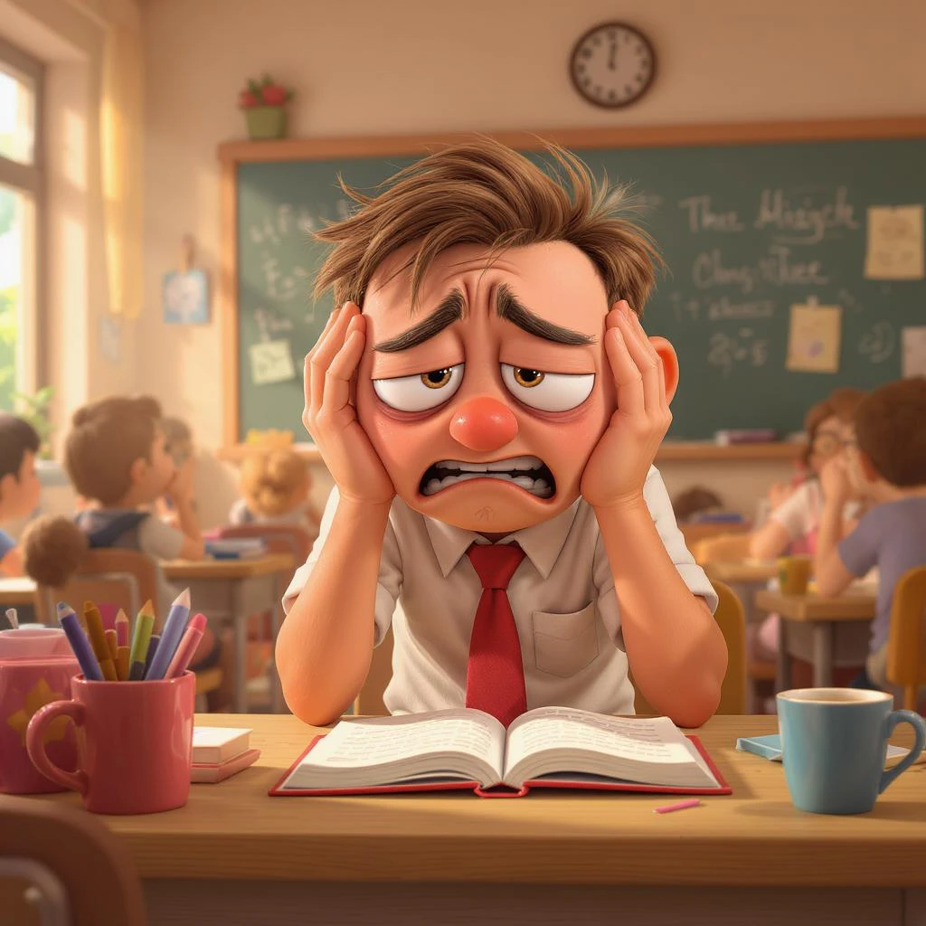 3d cartoon art of a exhausted teacher in a bustling classroom emoji