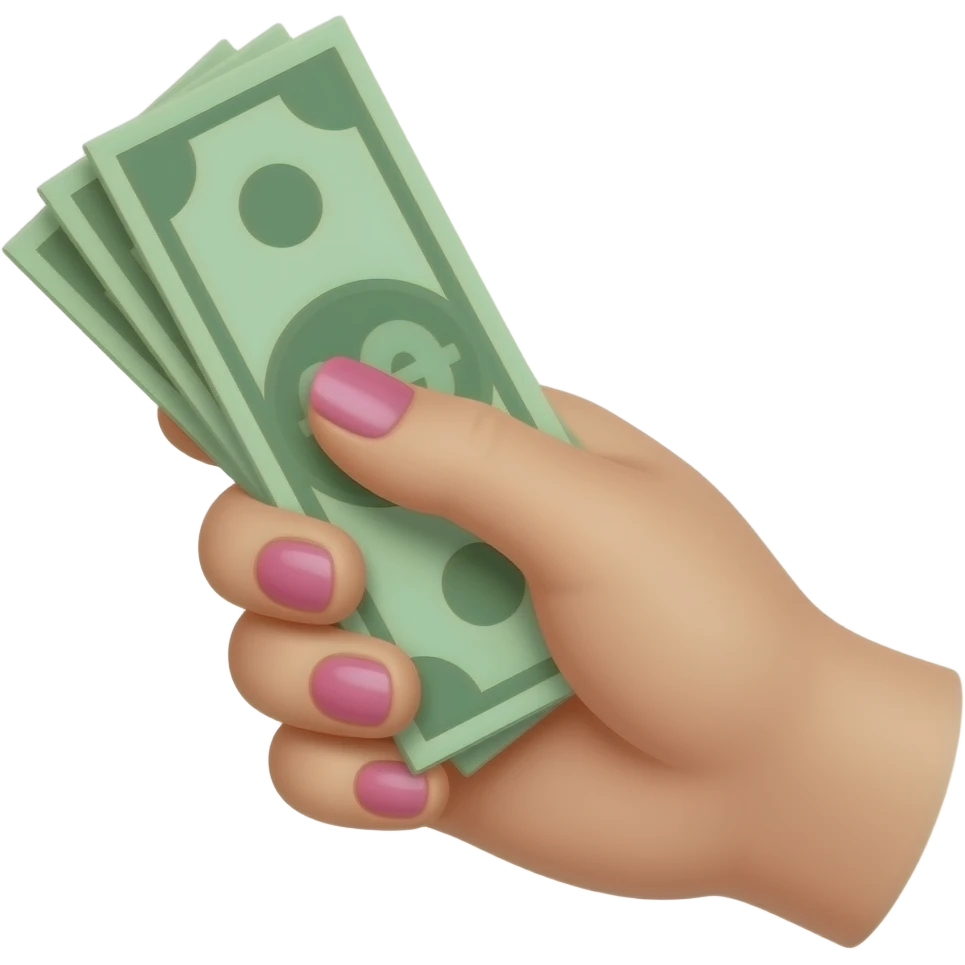 A pale hand with pink nail polish, holding cash emoji