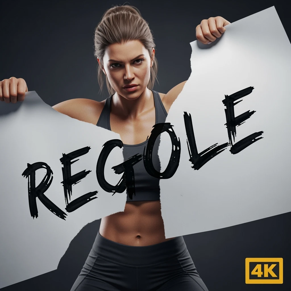DONNA FITNESS CHE STRAPPA UN FOGLIO CON LA SCRITTA "REGOLE", IPERREALISTICA 4K, SENZA SFONDO emoji