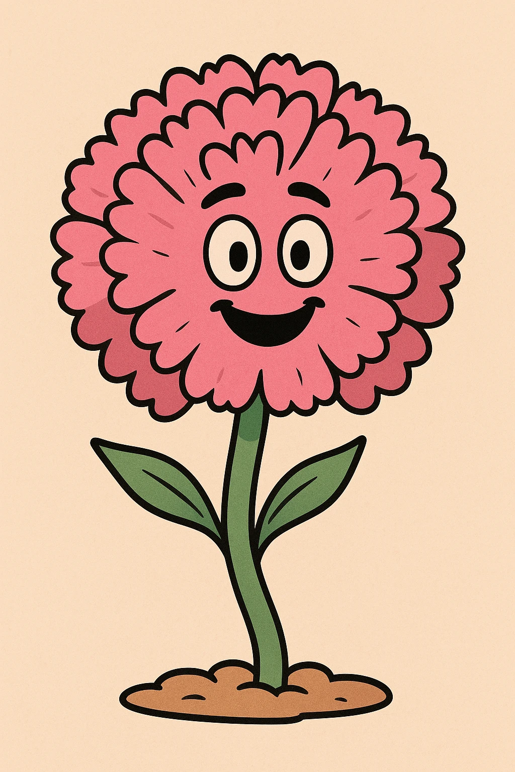 a simple cartoon-style carnation flower, bright pink petals, smiling face, bold outlines emoji