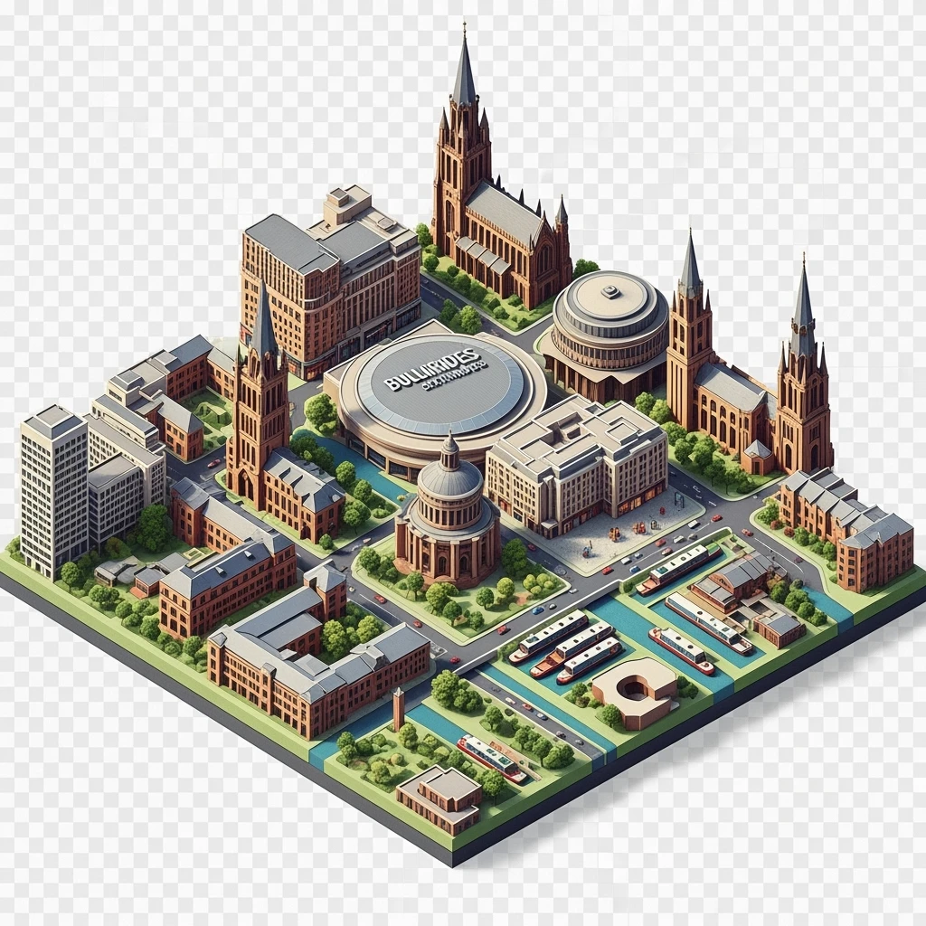 Isometric illustration-model of Birmingham with photorealistic main attractions, balanced between stylized and realistic, 3D miniature effect, transparent background. emoji
